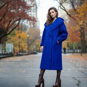 VTG‎ Statement Pure Wool Purple-Blue Overcoat Long Double-Breasted Coat Fits XL